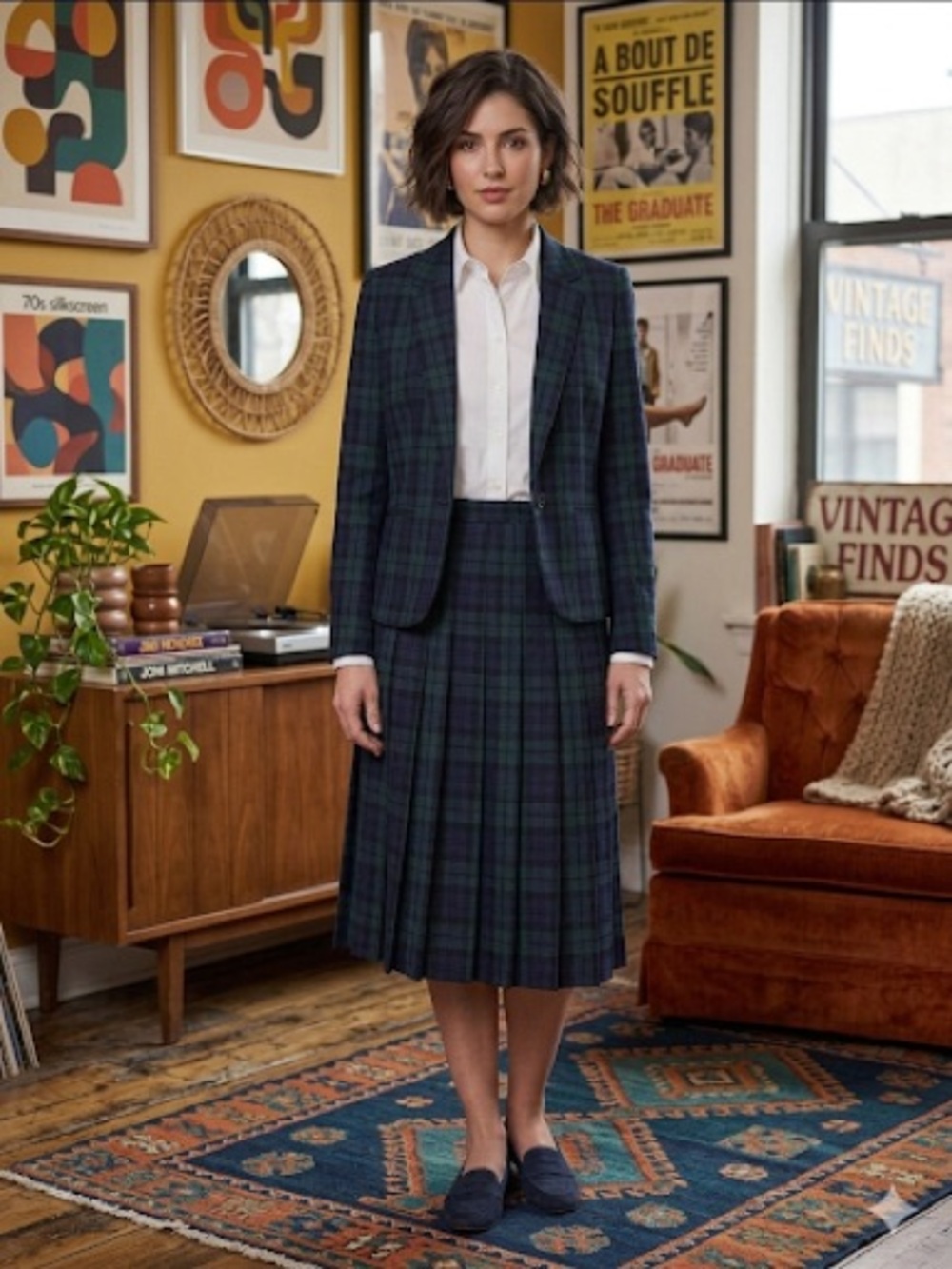 Vintage Pendleton Navy & Green Black Watch Tartan Wool Skirt Suit